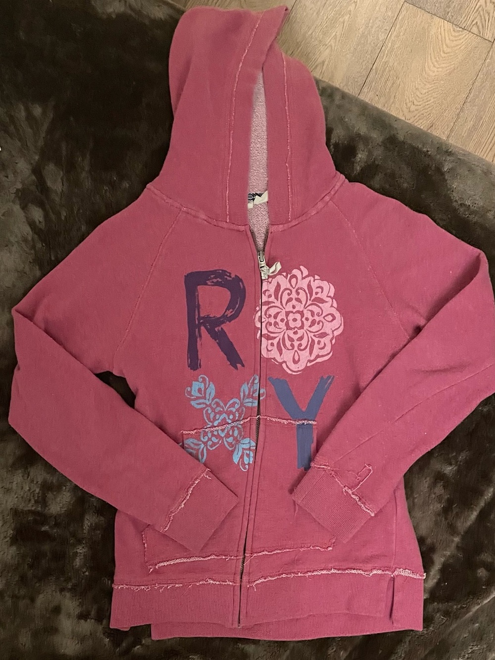 Roxy Girls Rose Pink Zip-Up Hoodie with Floral & Letter Graphics
